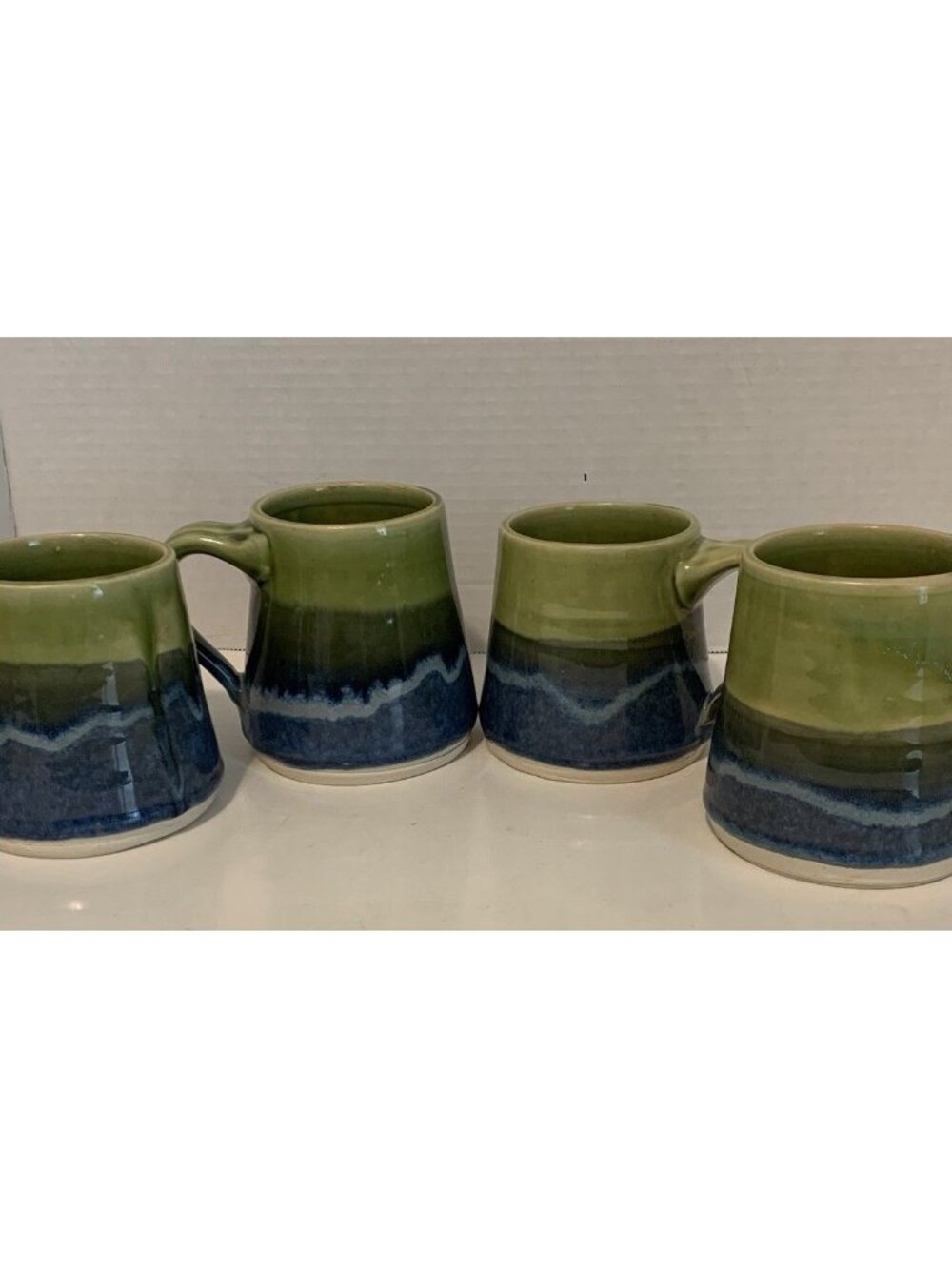 Fish Town Pottery Coffee/Tea Mugs Set Of 4 Stoneware Blue & Green